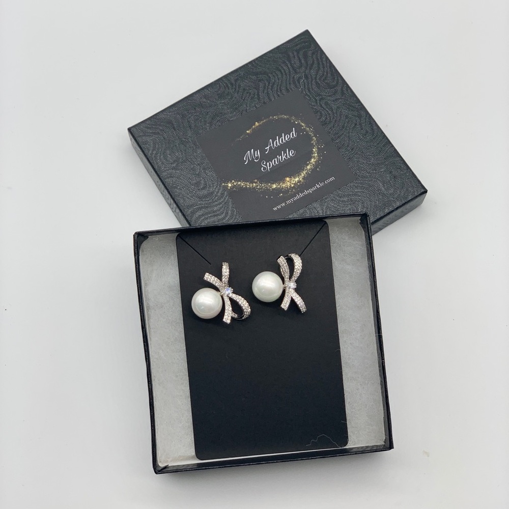 925 Sterling Silver Bow & Pearl Drop Earrings - Picture 6 of 7